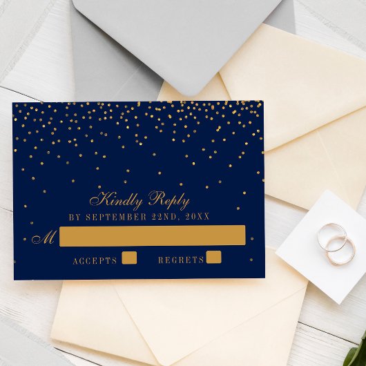 Navy Blue en Glam Gold Confetti Wedding RSVP