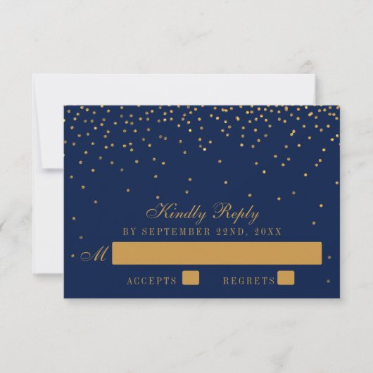Navy Blue en Glam Gold Confetti Wedding RSVP (Voorkant)
