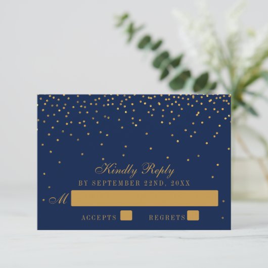Navy Blue en Glam Gold Confetti Wedding RSVP (Staand voorkant)