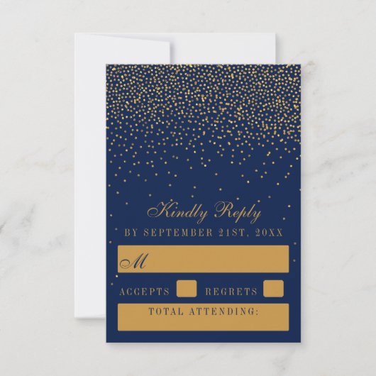 Navy Blue en Glam Gold Confetti Wedding RSVP Kaartje (Voorkant)