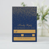 Navy Blue en Glam Gold Confetti Wedding RSVP Kaartje (Staand voorkant)