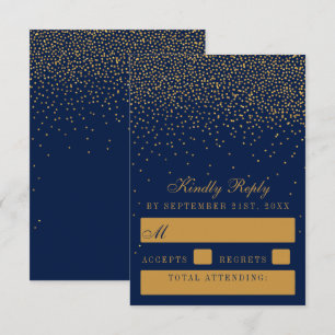 Navy Blue en Glam Gold Confetti Wedding RSVP Kaartje