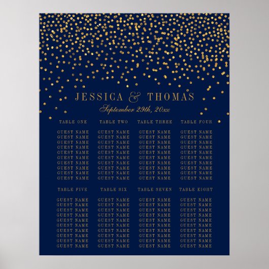 Navy Blue en Glam Gold Confetti Wedding Seating Se Poster (Voorkant)