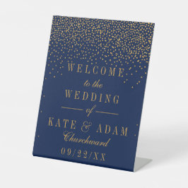 Navy Blue en Glam Gold Confetti Wedding Welkom Reclamebord Met Voetstuk