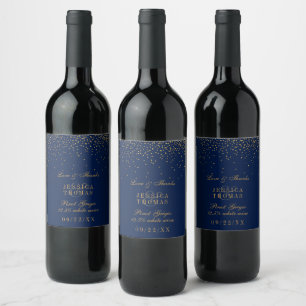 Navy Blue en Glam Gold Confetti Wedding Wine Bottl Wijn Etiket