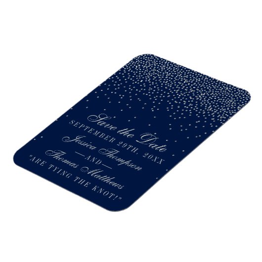Navy Blue en Glam Silver Confetti bewaren de datum Magneet (Linkerzijde)