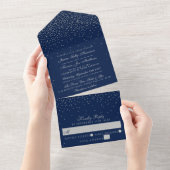 Navy Blue en Glam Silver Confetti Wedding All In One Uitnodiging (Afscheurbaar)