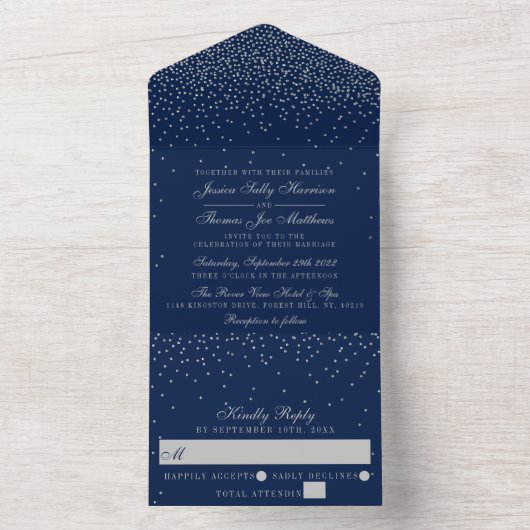 Navy Blue en Glam Silver Confetti Wedding All In One Uitnodiging (Binnen)