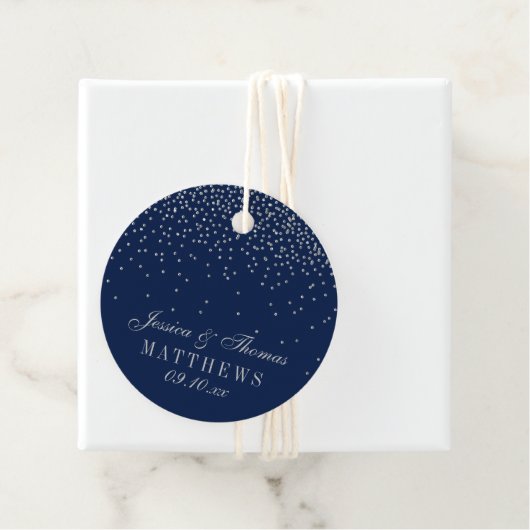 Navy Blue en Glam Silver Confetti Wedding Bedankjes Labels (In situ)