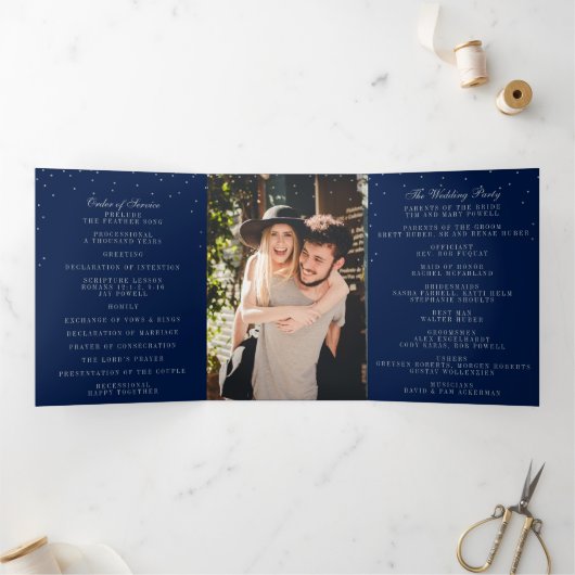 Navy Blue en Glam Silver Confetti Wedding Drieluik Programma (Binnen)
