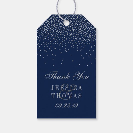 Navy Blue en Glam Silver Confetti Wedding Favor Cadeaulabel (Voorkant)