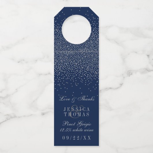 Navy Blue en Glam Silver Confetti Wedding Flessenhanger (Voorkant)