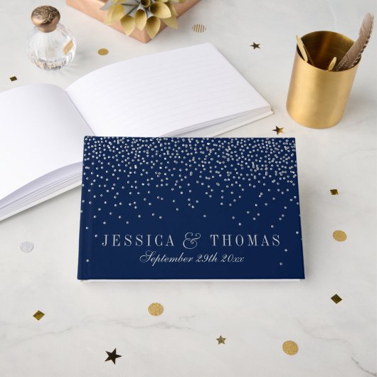 Navy Blue en Glam Silver Confetti Wedding Gastenboek (Voorkant open)