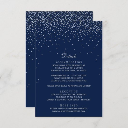 Navy Blue en Glam Silver Confetti Wedding Informatiekaartje (Voorkant / Achterkant)