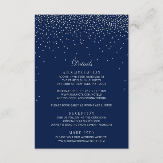 Navy Blue en Glam Silver Confetti Wedding Informatiekaartje (Voorkant)