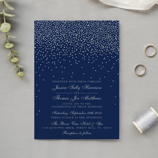 Navy Blue en Glam Silver Confetti Wedding Kaart