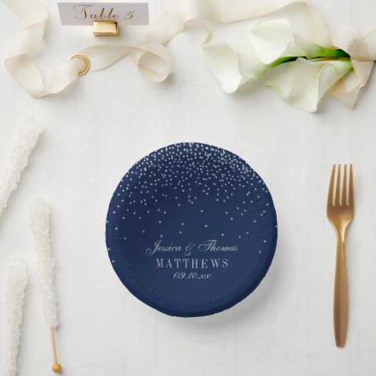 Navy Blue en Glam Silver Confetti Wedding Papieren Kommen (Huwelijk)
