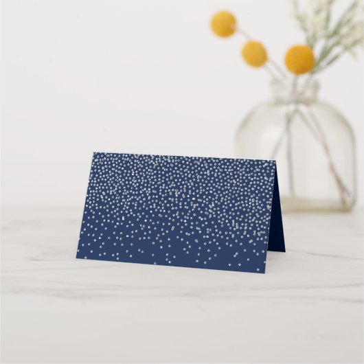 Navy Blue en Glam Silver Confetti Wedding Plaatskaartje (Achterkant)