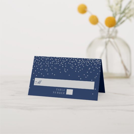 Navy Blue en Glam Silver Confetti Wedding Plaatskaartje (Voorkant)