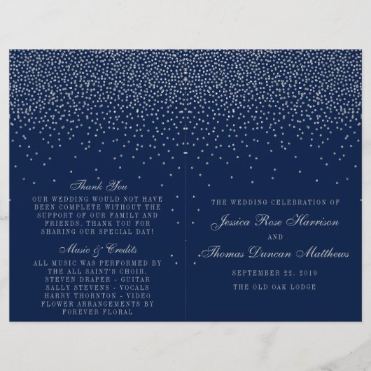 Navy Blue en Glam Silver Confetti Wedding Programm (Voorkant)