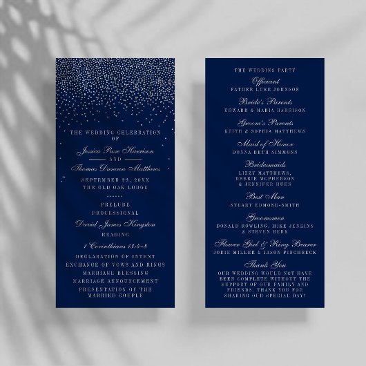 Navy Blue en Glam Silver Confetti Wedding Programm Programmakaart
