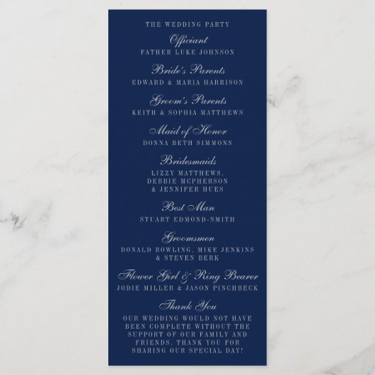 Navy Blue en Glam Silver Confetti Wedding Programm Programmakaart (Achterkant)