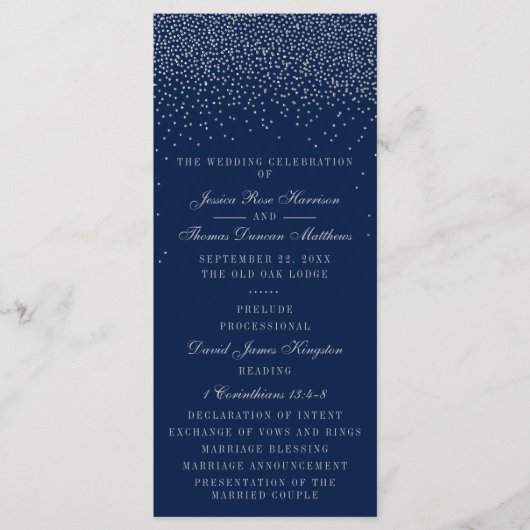 Navy Blue en Glam Silver Confetti Wedding Programm Programmakaart (Voorkant)