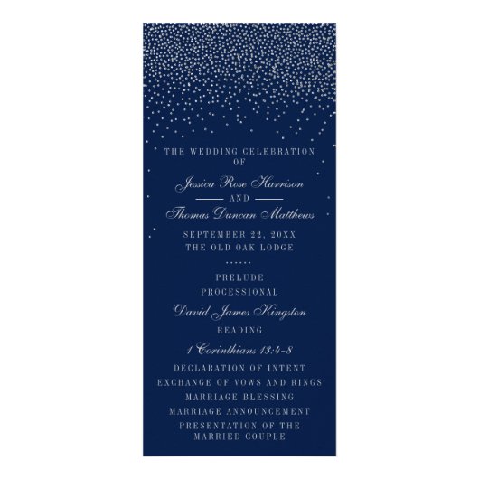 Navy Blue en Glam Silver Confetti Wedding Programm Reclamekaart (Voorkant)