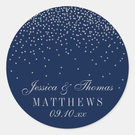 Navy Blue en Glam Silver Confetti Wedding Ronde Sticker (Voorkant)
