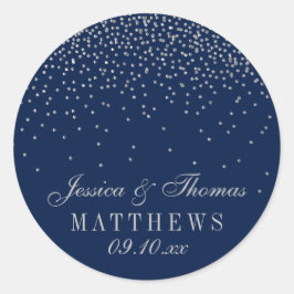 Navy Blue en Glam Silver Confetti Wedding Ronde Sticker