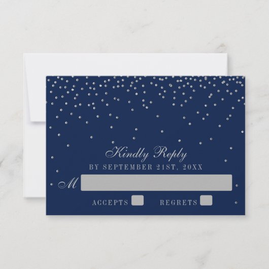 Navy Blue en Glam Silver Confetti Wedding RSVP (Voorkant)