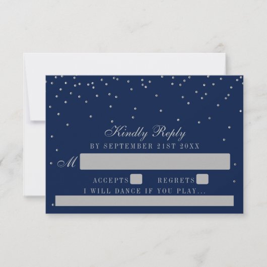 Navy Blue en Glam Silver Confetti Wedding RSVP (Voorkant)