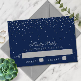 Navy Blue en Glam Silver Confetti Wedding RSVP