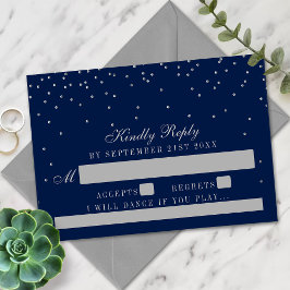Navy Blue en Glam Silver Confetti Wedding RSVP