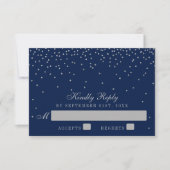 Navy Blue en Glam Silver Confetti Wedding RSVP Kaartje (Voorkant)
