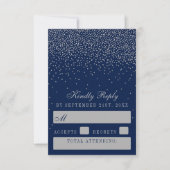 Navy Blue en Glam Silver Confetti Wedding RSVP Kaartje (Voorkant)