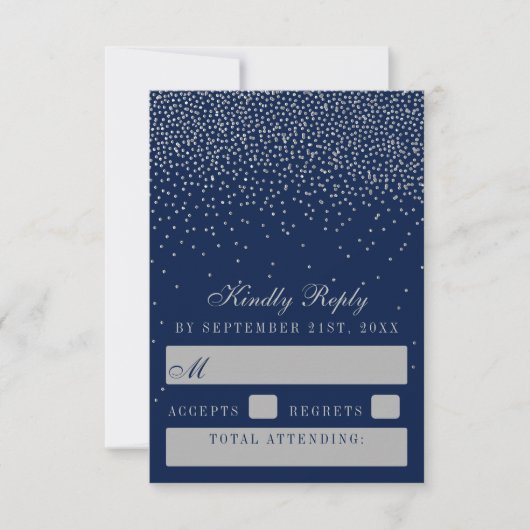 Navy Blue en Glam Silver Confetti Wedding RSVP Kaartje (Voorkant)