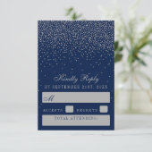Navy Blue en Glam Silver Confetti Wedding RSVP Kaartje (Staand voorkant)