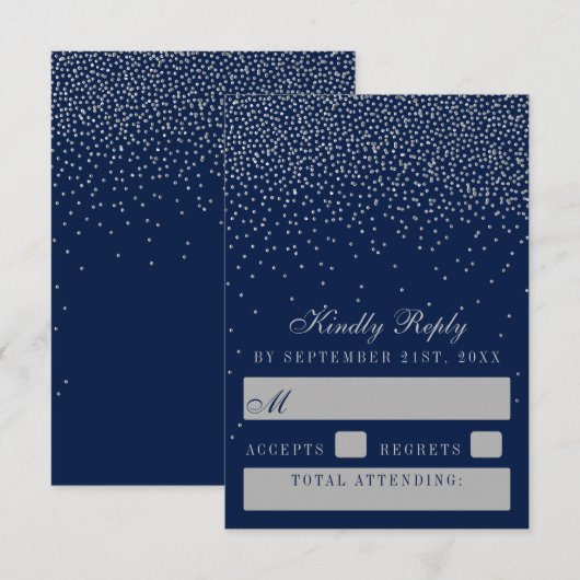 Navy Blue en Glam Silver Confetti Wedding RSVP Kaartje (Voorkant / Achterkant)