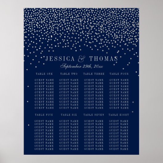 Navy Blue en Glam Silver Confetti Wedding Seating Poster (Voorkant)