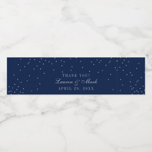Navy Blue en Glam Silver Confetti Wedding Waterfles Etiket (Enkel label)