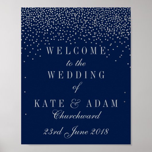 Navy Blue en Glam Silver Confetti Wedding Welcome Poster (Voorkant)