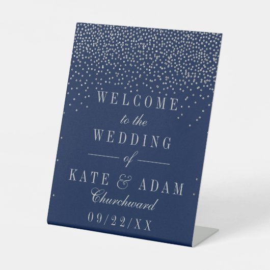 Navy Blue en Glam Silver Confetti Wedding Welcome Reclamebord Met Voetstuk (Voorkant)
