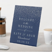 Navy Blue en Glam Silver Confetti Wedding Welcome Reclamebord Met Voetstuk (Insitu)