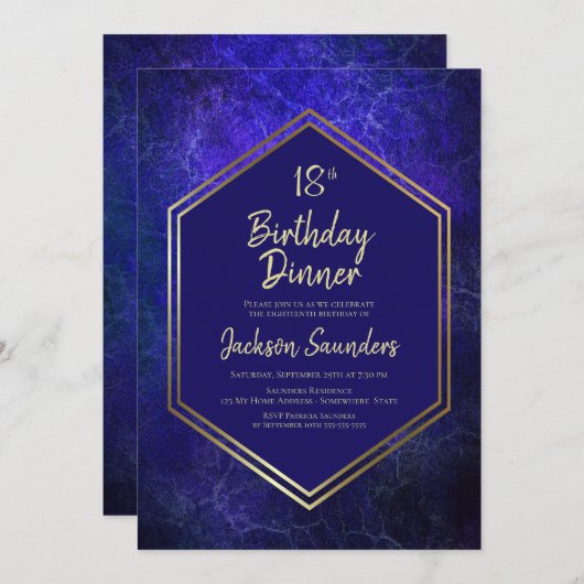 Navy Blue en Gold 18th Birthday Dinner Party Kaart (Voorkant / Achterkant)