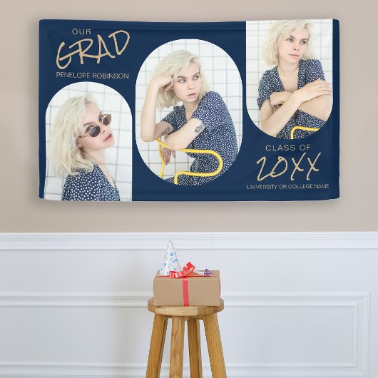 Navy Blue en Gold 3 Photo Afstuderen Banner