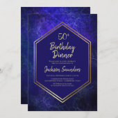 Navy Blue en Gold 50th Birthday Dinner Party Kaart (Voorkant / Achterkant)