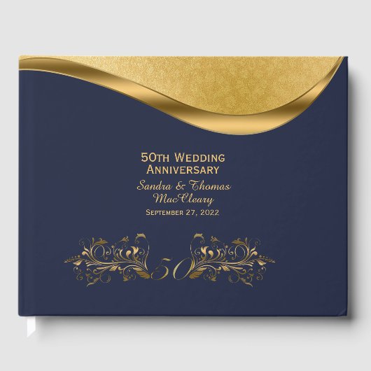 Navy Blue en Gold 50th Jubileum, aangepast Gastenboek (Voorkant)