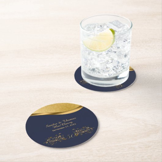 Navy Blue en Gold 50th Jubileum, aangepast Ronde Kartonnen Onderzetter (Insitu)