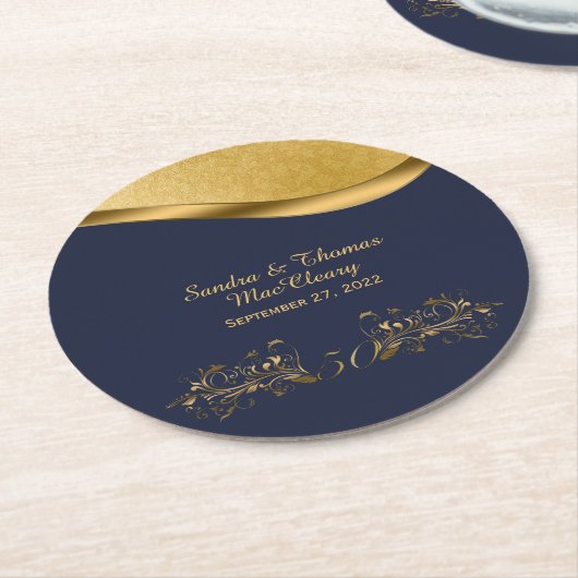 Navy Blue en Gold 50th Jubileum, aangepast Ronde Kartonnen Onderzetter (Gebogen)